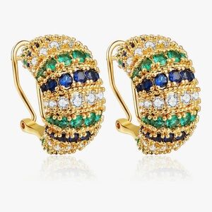 NEW 14k Gold Plated Multicolor Gemstone Clip Hoop Earrings